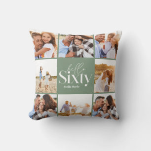 60th birthday modern sage green photo collage throw pillow