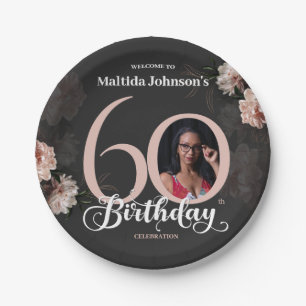 60th Birthday Moody Floral Pink Custom Photo Paper Plate