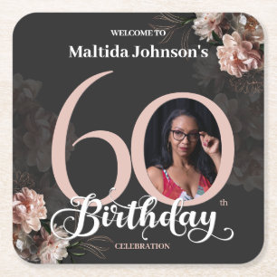 60th Birthday Moody Floral Pink Custom Photo Square Paper Coaster