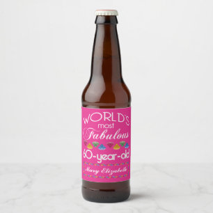 60th Birthday Most Fabulous Colourful Gems Pink Beer Bottle Label