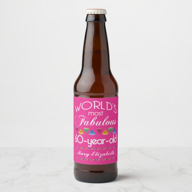 60th Birthday Most Fabulous Colourful Gems Pink Beer Bottle Label (Front)