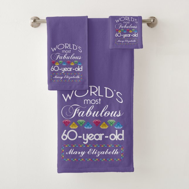 60th Birthday Most Fabulous Colourful Gems Purple Bath Towel Set (Insitu)