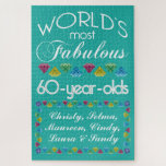 60th Birthday Most Fabulous Group of Friends Gems Jigsaw Puzzle<br><div class="desc">Celebrate the milestone birthday of your favourite group of senior citizens with this fun gift reminding them of how fabulous they are. White and grey lettering with colourful diamond-cut gems in rainbow tones. Customize with names, initials or other text. This series is in increments of 5 years (95, 90, 85,...</div>