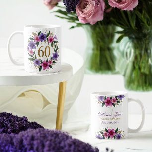 60th Birthday Mug – Floral Wreath with Gold Number