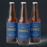 60th Birthday Name 1962 Blue Gold Elegant Chic Beer Bottle Label<br><div class="desc">A personalized elegant beer label that is easy to customize for that special occasion.</div>