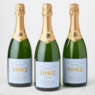 60th Birthday Name 1962 Blue Grey Elegant Chic Sparkling Wine Label