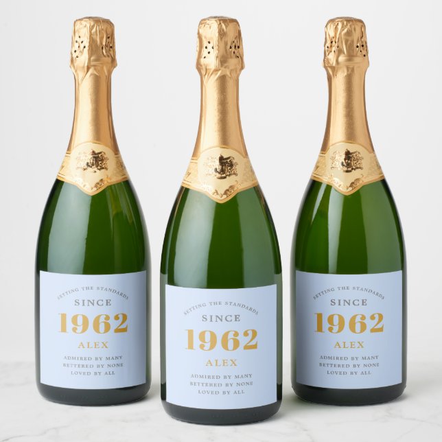 60th Birthday Name 1962 Blue Grey Elegant Chic Sparkling Wine Label (Bottles)