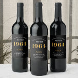 60th Birthday Name 1964 Black Gold Elegant Chic<br><div class="desc">1964 Vintage 60th Birthday Black & Gold Elegant Wine Label. Celebrate your milestone with our exclusive 1964 Vintage 60th birthday wine label. The meticulously designed label with stunning black and gold hues effortlessly enhances the visual appeal of your favourite wine. The year 1964, prominently featured on the label, adds a...</div>