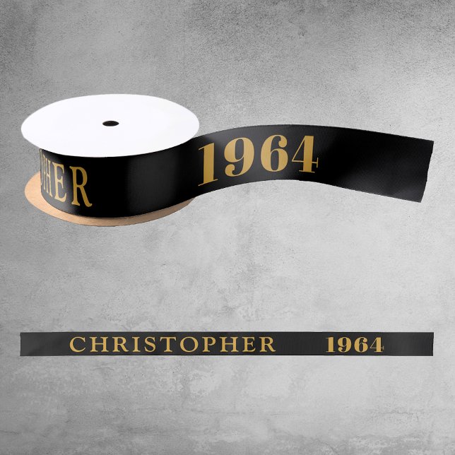 60th Birthday Name 1964 Black Gold Elegant Chic Satin Ribbon (60th Birthday Black Gold Elegant Chic Satin Ribbon Born 1964 - Personalized Celebration Accessory.)