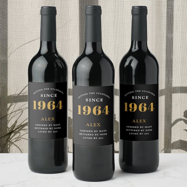 60th Birthday Name 1964 Black Gold Elegant Chic Wine Label (1964 Vintage 60th Birthday Black & Gold Elegant Wine Label. Celebrate your milestone in style.)