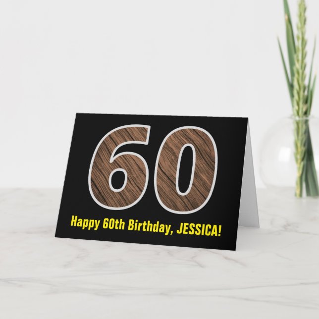60th Birthday: Name + Faux Wood Grain Pattern "60" Card (Front)