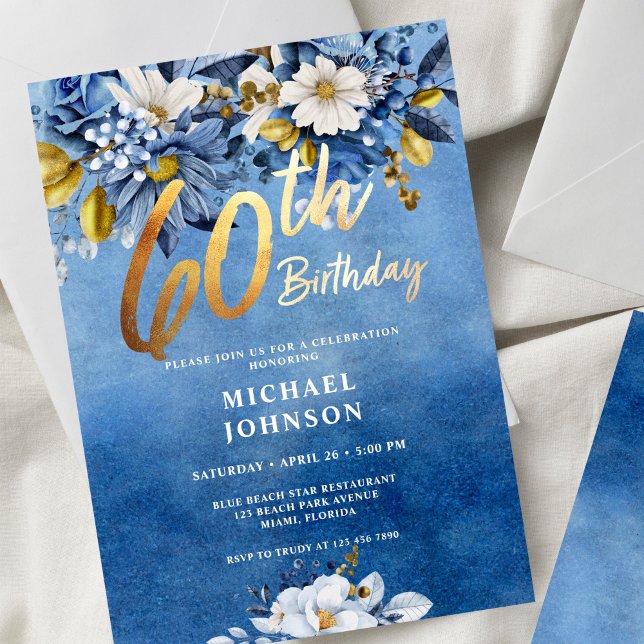 60th Birthday Navy Blue and Gold Floral Invitation (Creator Uploaded)