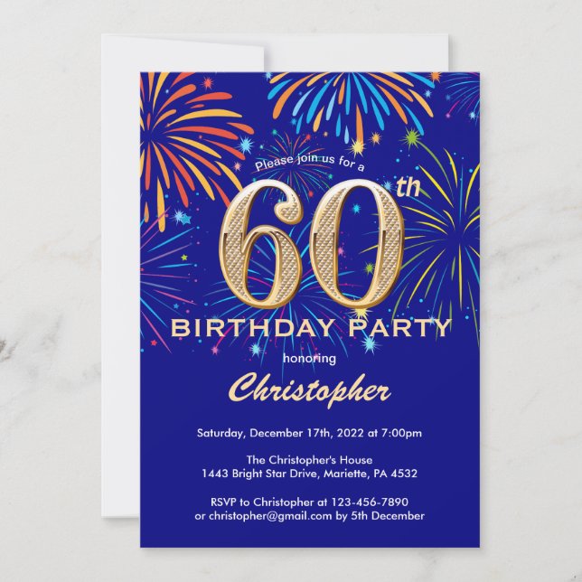 60th Birthday Navy Blue and Gold Rainbow Fireworks Invitation (Front)
