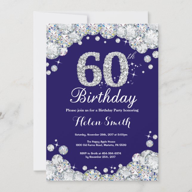 60th Birthday Navy Blue and Silver Diamond Invitation (Front)