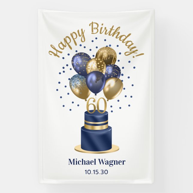 60th Birthday Navy Blue Balloon Cake Banner (Vertical)