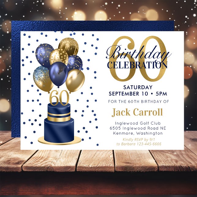 60th Birthday Navy Blue Balloon Cake Invitation (Creator Uploaded)