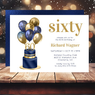 60th Birthday Navy Blue Balloon Cake Invitation