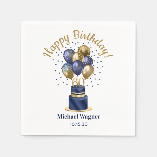 60th Birthday Navy Blue Balloon Cake Napkin (Front)