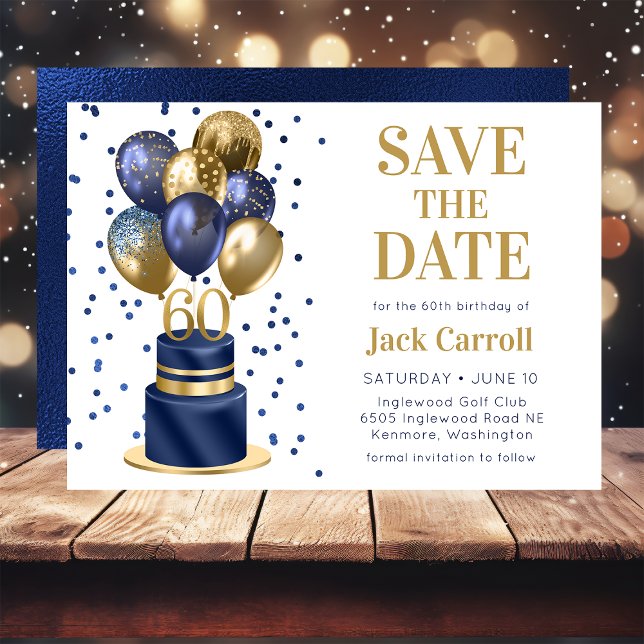 60th Birthday Navy Blue Balloon Cake Save The Date (Creator Uploaded)