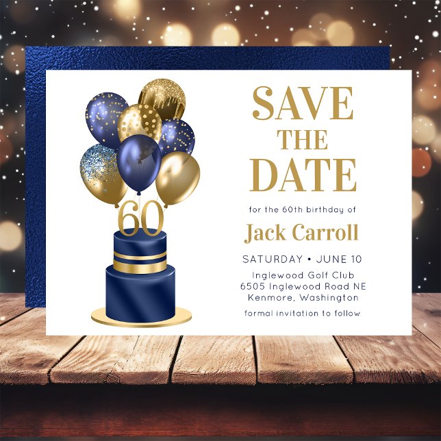 60th Birthday Navy Blue Balloon Cake Save The Date (Creator Uploaded)
