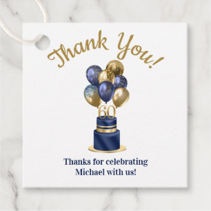 60th Birthday Navy Blue Balloon Cake Thank You Favour Tags
