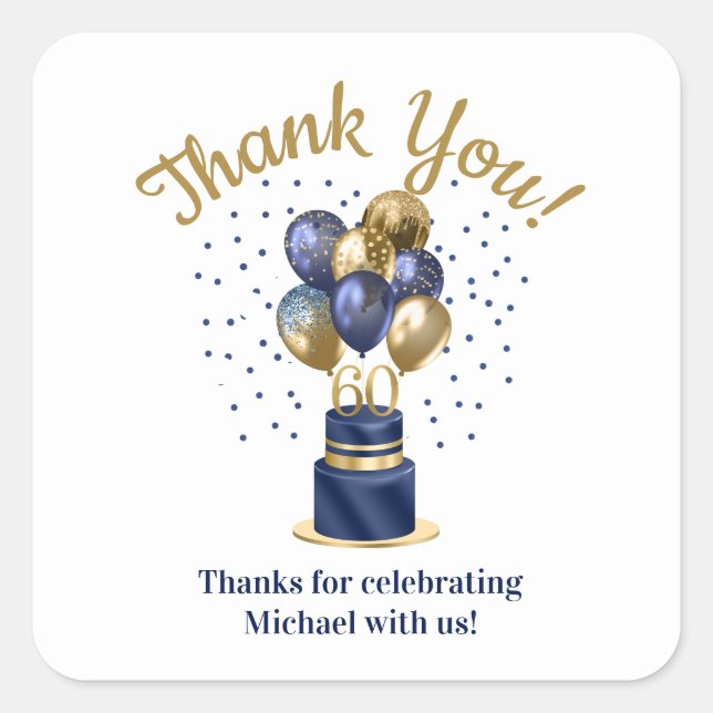 60th Birthday Navy Blue Balloon Cake Thank You Square Sticker (Front)