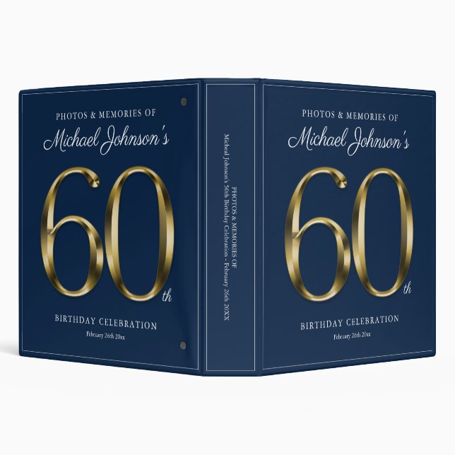 60th Birthday Navy Blue Elegant Gold Text Custom Binder (Background)