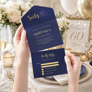 60th Birthday navy blue gold rsvp All In One Invitation