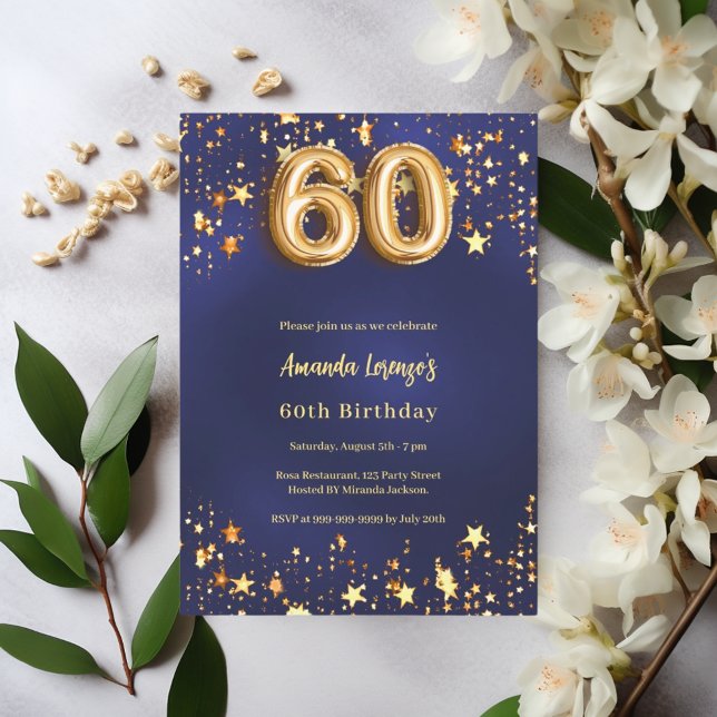 60th birthday navy blue gold stars invitation (Creator Uploaded)