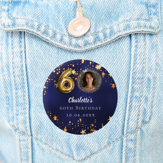 60th birthday navy blue gold stars photo 2 inch round button (Creator Uploaded)