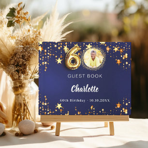 60th Birthday navy blue gold stars photo Guest Book