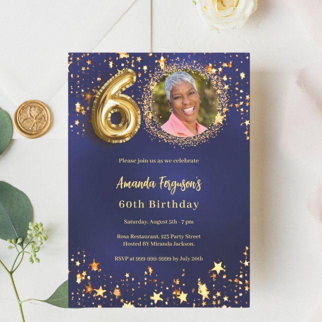 60th birthday navy blue gold stars photo invitation (Creator Uploaded)