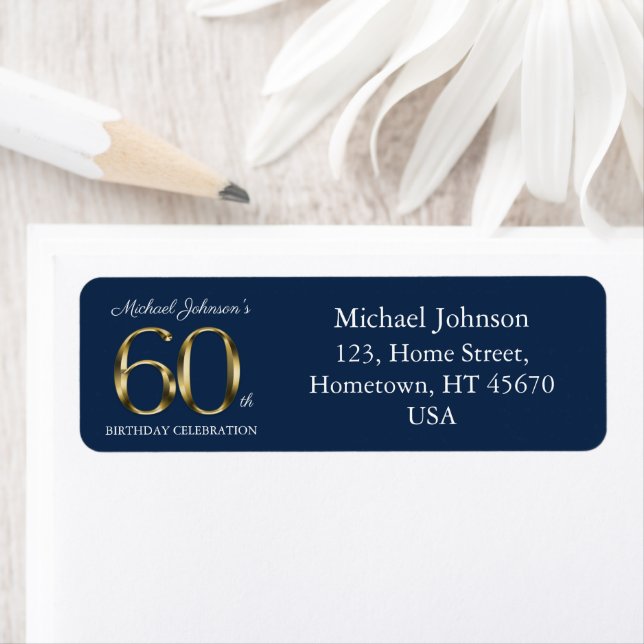 60th Birthday Navy Blue Gold Text Return Address  (Insitu)