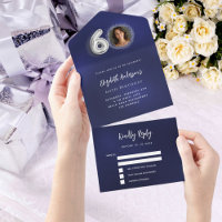 60th Birthday navy blue silver photo rsvp