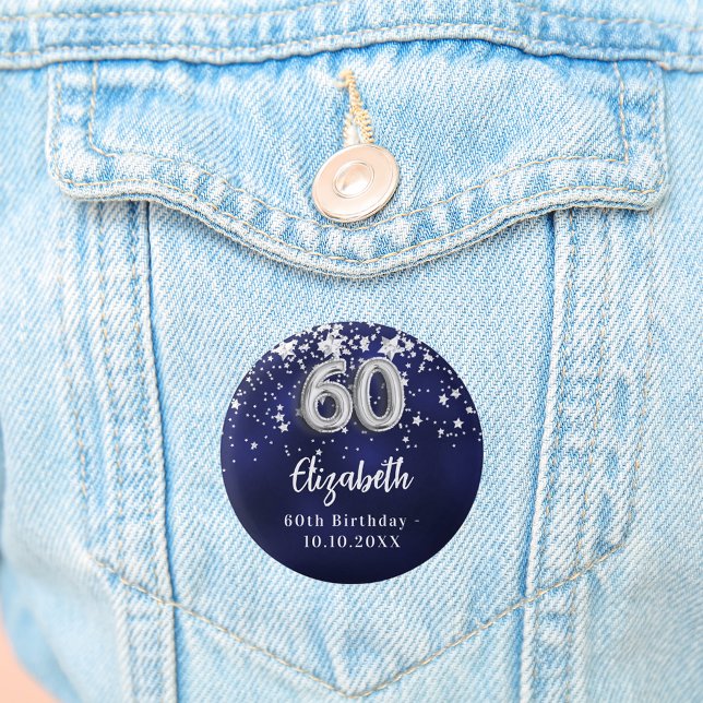 60th birthday navy blue silver stars 1 inch round button (Creator Uploaded)