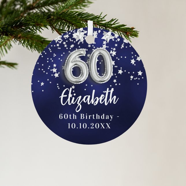 60th birthday navy blue silver stars metal ornament (Creator Uploaded)