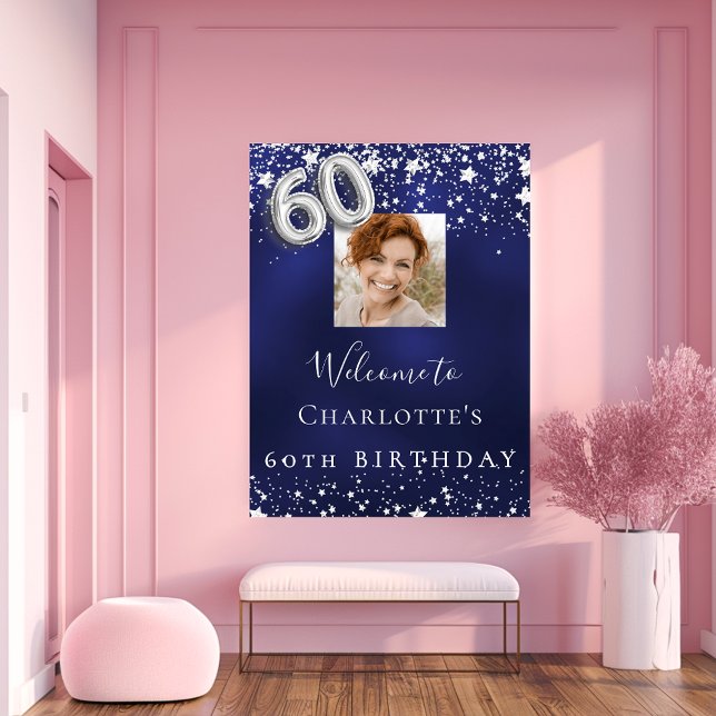 60th birthday navy blue silver stars photo welcome poster (Creator Uploaded)