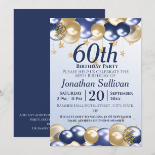 60th Birthday Navy Gold Balloons Party Invitation