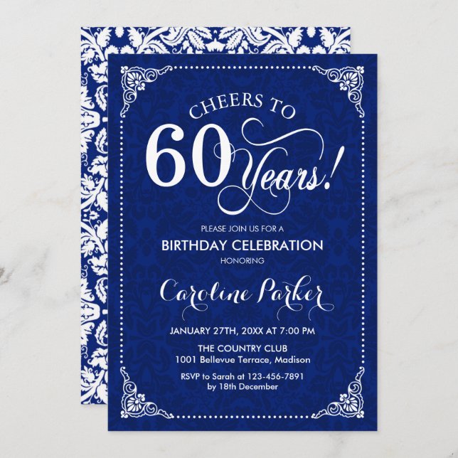 60th Birthday - Navy White Damask Invitation (Front/Back)