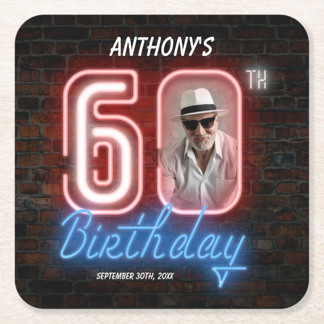 60th Birthday Neon 80s Retro Modern Custom Photo Square Paper Coaster (Front)