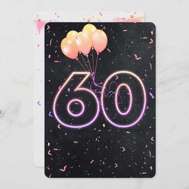 60th Birthday Neon Sign On Black Invitation (Front/Back)