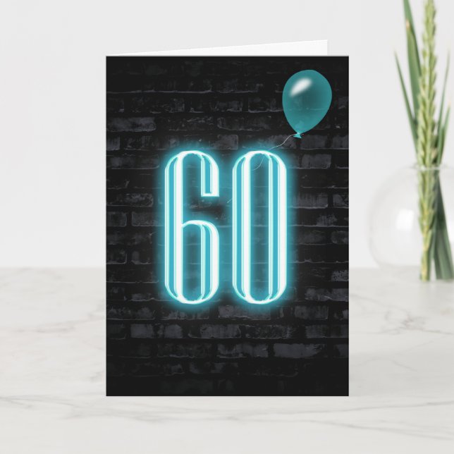 60th Birthday Neon Sign on Brick  Card (Front)
