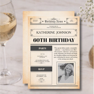 60th Birthday Newspaper 1 Photo Invitation