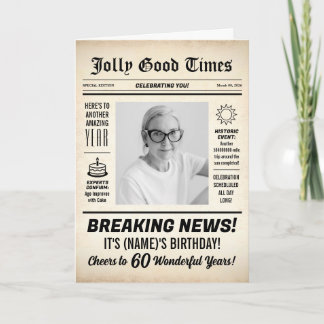 60th Birthday Newspaper, Add Photo, Personalized Card