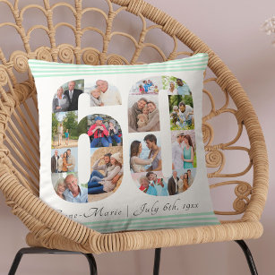 60th Birthday Number 60 Photo Collage Mint Green Throw Pillow