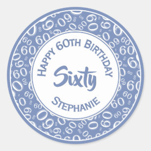 60th Birthday Number Pattern 60 Blue and White Classic Round Sticker
