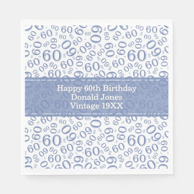 60th Birthday Number Pattern Blue and White Napkin (Front)