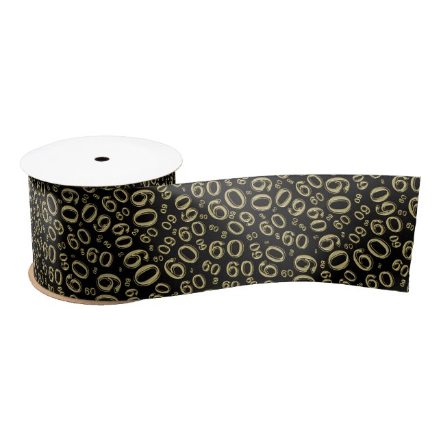 60th Birthday Number Pattern Gold and Black Satin Ribbon (Spool)