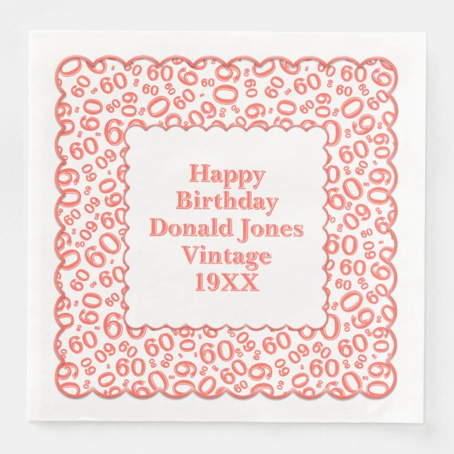 60th Birthday Number Pattern Scallops Coral/White Napkin (Front)