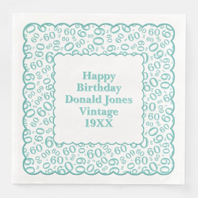 60th Birthday Number Pattern Scallops Teal/White Napkin (Front)